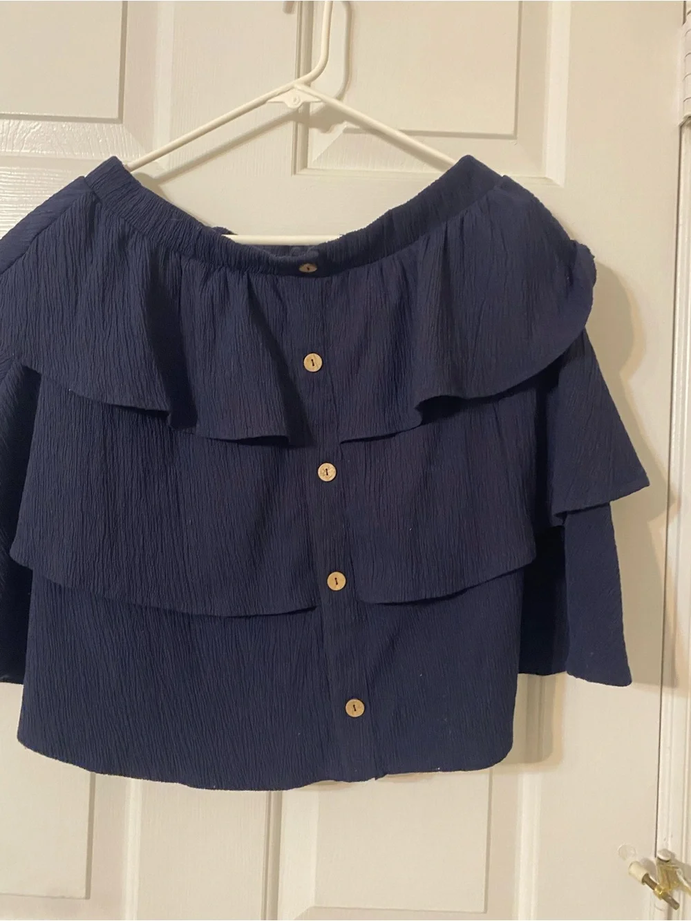 Navy Off-Shoulder Tiered Ruffle Button-Front Top